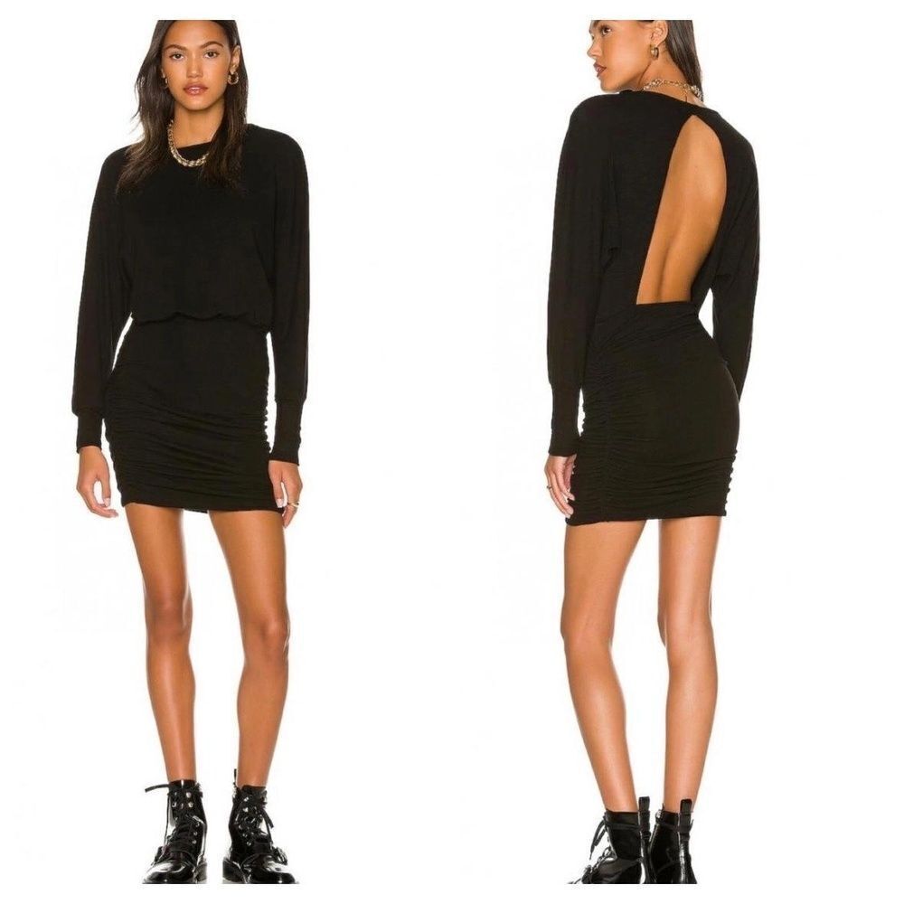 MONROW Mini Dress Womens Size S Charcoal Blouson Ruched Open Back Stretch Casual